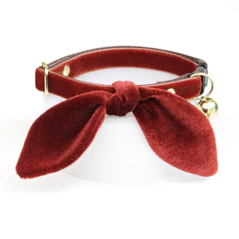 Cat Collar and Bunny Ear Bow Set - "Velvet - Mahogany" - Auburn Brown Velvet Cat Collar w/ Matching Bunny Bow Tie / Fall, Wedding + Birthday / Cat, Kitten + Small Dog Sizes