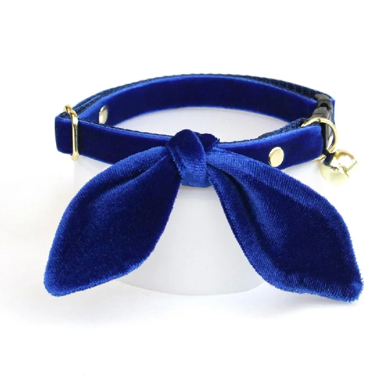 Cat Collar and Bunny Ear Bow Set - "Velvet - Sapphire Blue" - Luxe Cobalt Blue Velvet Cat Collar w/ Matching Bunny Bow Tie / Wedding + Birthday / Cat, Kitten + Small Dog Sizes