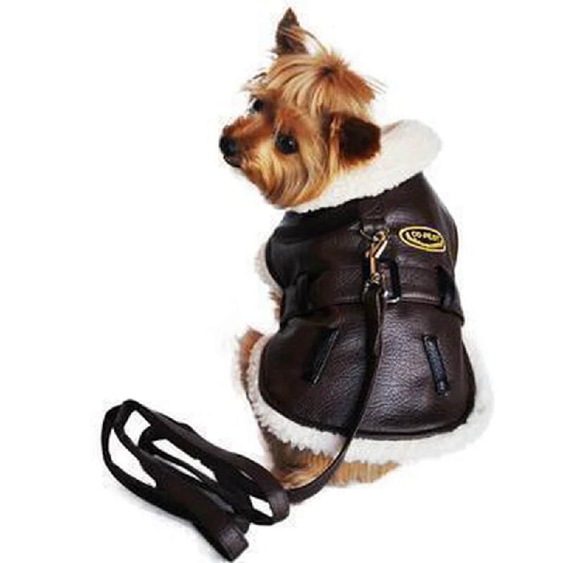 Brown and Black Faux Leather Bomber Dog Coat Harness + Leash