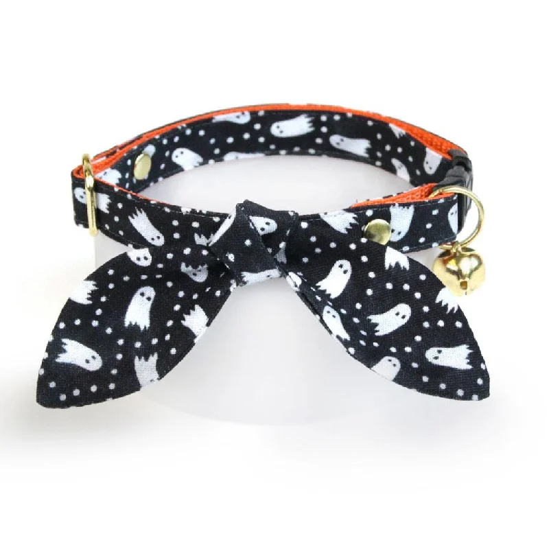 Cat Collar and Bunny Ear Bow Set - "Chasing Ghosts" - Black Halloween Ghost Cat Collar w/ Matching Bunny Bow Tie / Cat, Kitten + Small Dog Sizes