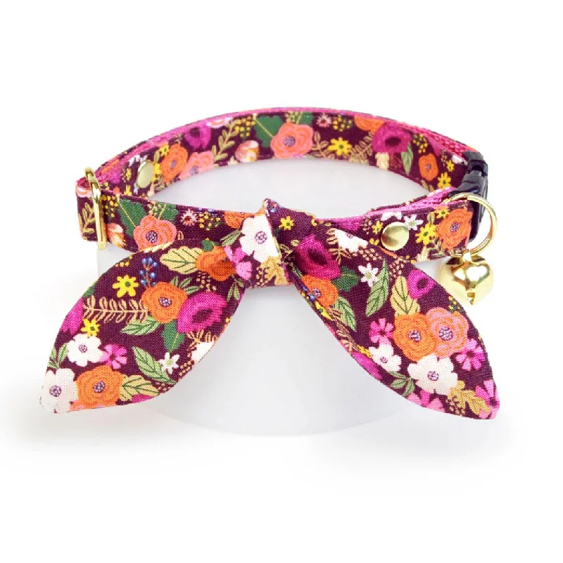 Cat Collar and Bunny Ear Bow Set - "Harvest Wine" - Floral Burgundy Cat Collar w/ Matching Bunny Bow Tie / Fall + Thanksgiving / Cat, Kitten + Small Dog Sizes