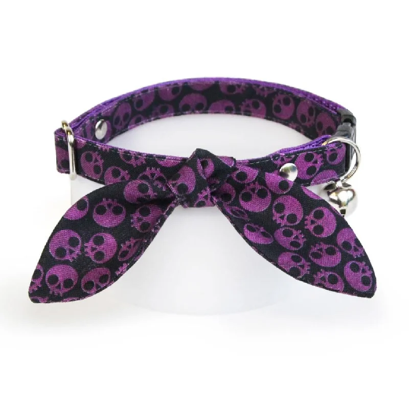 Cat Collar and Bunny Ear Bow Set - "Lydia" - Purple Skull Cat Collar w/ Matching Bunny Bow Tie / Halloween, Goth, Witchy / Cat, Kitten + Small Dog Sizes