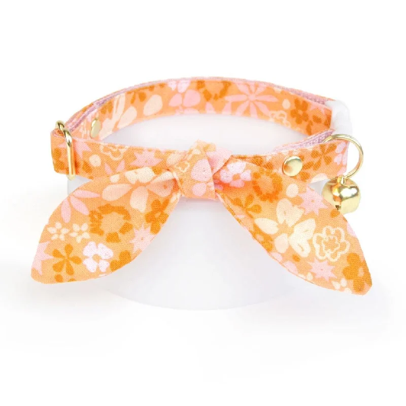 Cat Collar and Bunny Ear Bow Set - "Peachy Keen" - Pink Orange Retro Floral Cat Collar w/ Matching Bunny Bow Tie / Fall, Spring / Cat, Kitten + Small Dog Sizes