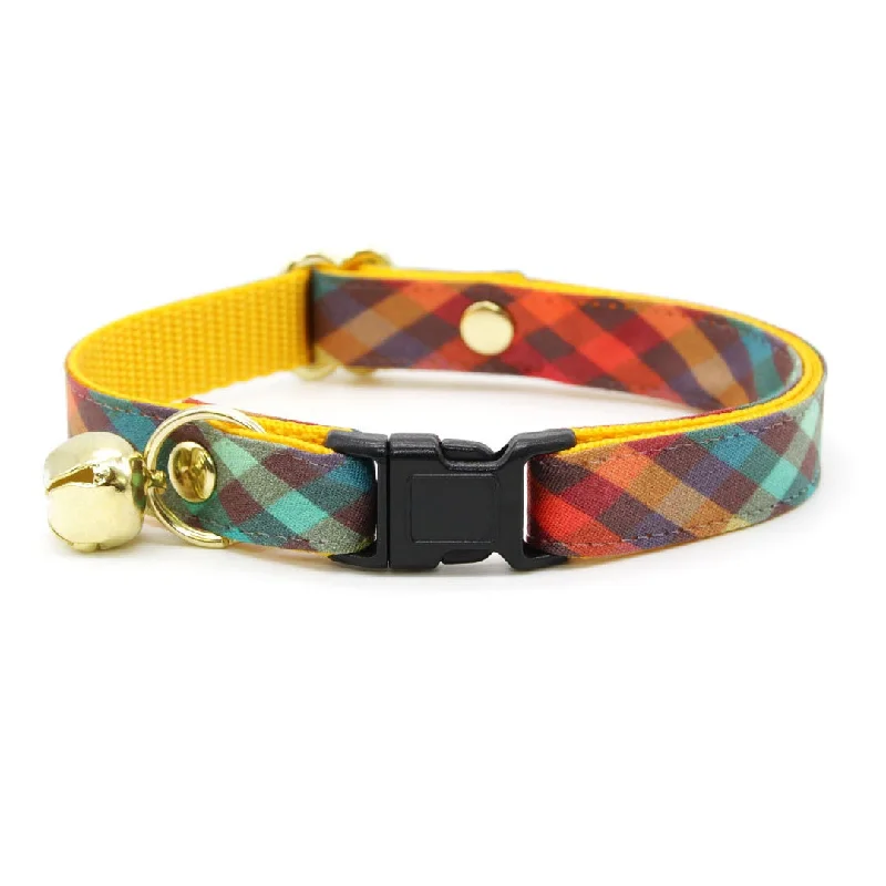 Cat Collar - "Campfire" -  Smoky Rainbow Plaid Cat Collar / Fall, Autumn, Thanksgiving / Breakaway Buckle or Non-Breakaway / Cat, Kitten + Small Dog Sizes