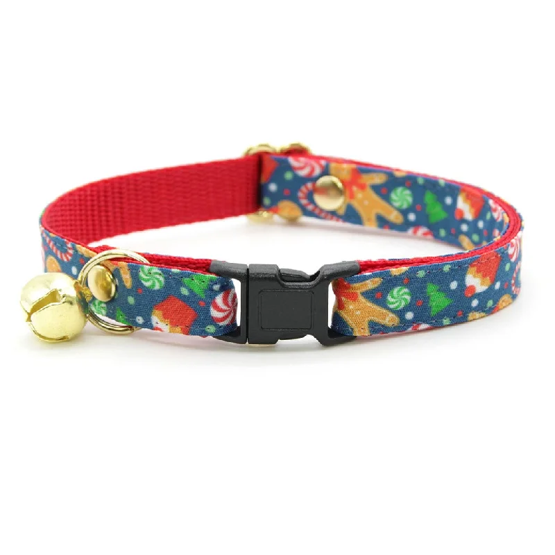 Cat Collar - "Christmas Treats - Blue" - Gingerbread Cat Collar / Breakaway Buckle or Non-Breakaway / Cat, Kitten + Small Dog Sizes