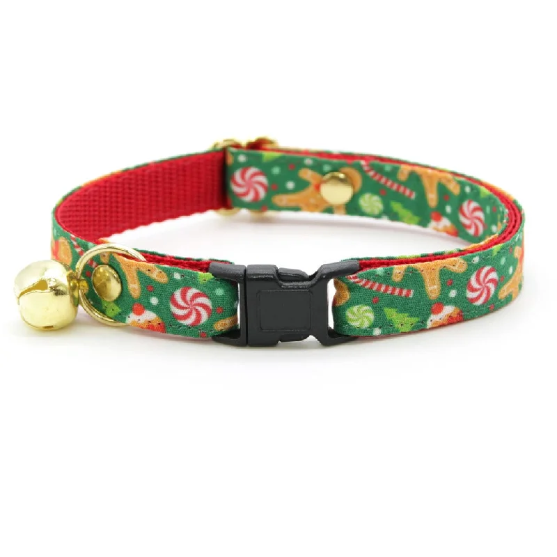 Cat Collar - "Christmas Treats - Green" - Gingerbread Cat Collar / Breakaway Buckle or Non-Breakaway / Cat, Kitten + Small Dog Sizes