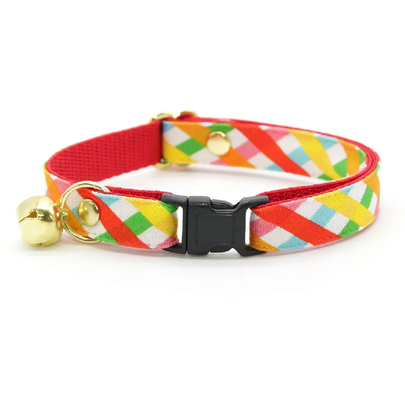 Cat Collar - "Maypole" - Rainbow Plaid Cat Collar / Breakaway Buckle or Non-Breakaway / Cat, Kitten + Small Dog Sizes