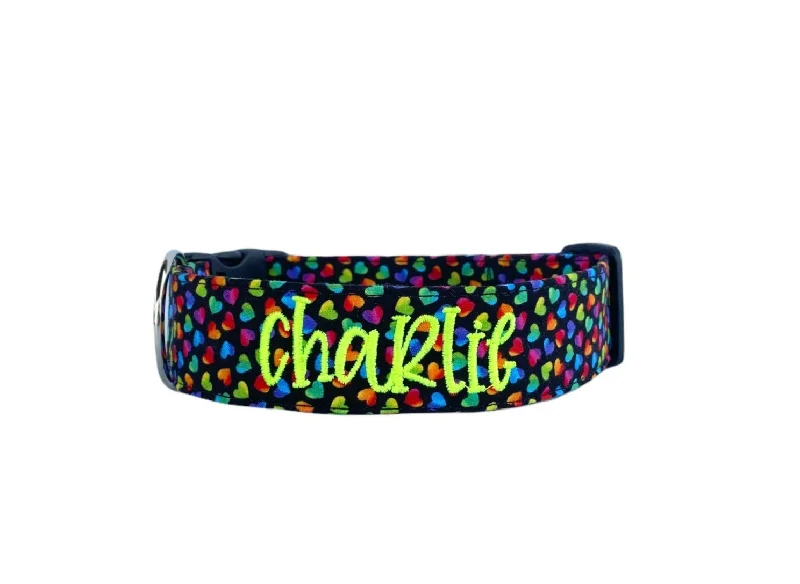 Personalized Dog Collar | Black Rainbow Hearts Dog Collar | Duke & Fox®