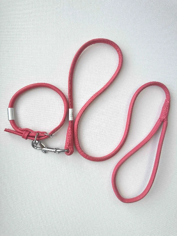 Pink Rolled Leather Dog Collar and Leash Set