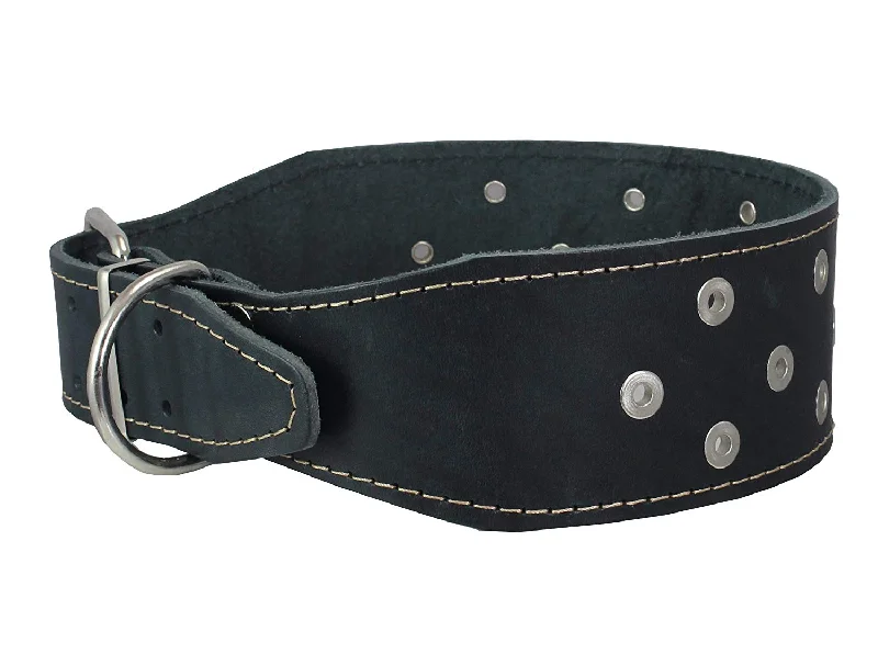 3" Extra Wide Heavy Duty Genuine Leather Studded Black Leather Collar Fits 19"-23" Neck Large Breeds