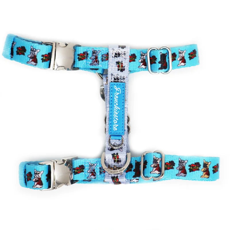 Frenchiestore Adjustable Pet Health Strap Harness | This Frenchie loves Mom/Dad in teal and grey