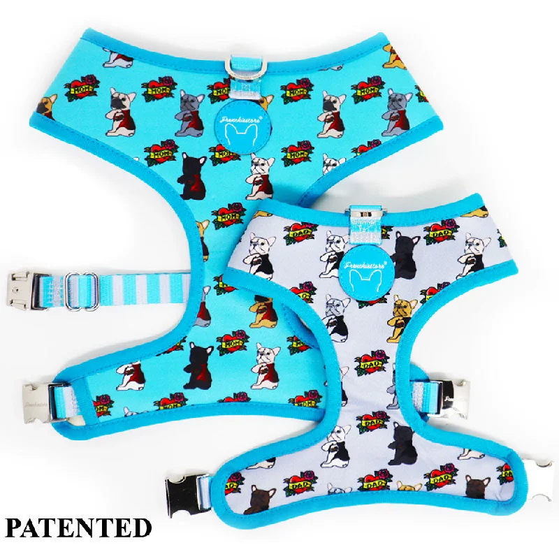 Frenchiestore Reversible Dog Health Harness | This Frenchie loves Mom/Dad in teal and grey