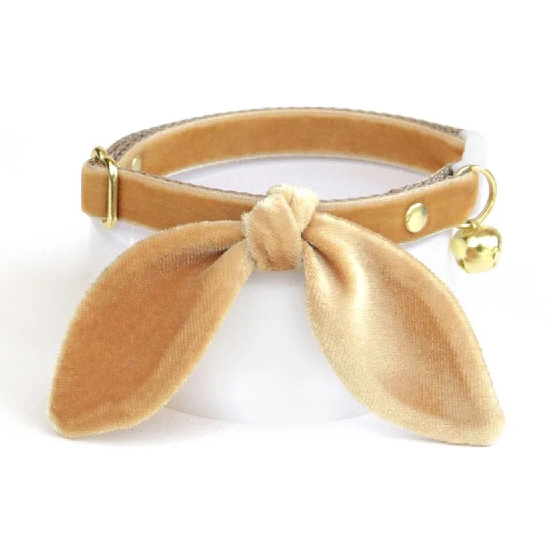 Cat Collar and Bunny Ear Bow Set - "Velvet - Caramel" - Light Toffee Brown / Gold Velvet Cat Collar w/ Matching Bunny Bow Tie / Wedding + Birthday / Cat, Kitten + Small Dog Sizes