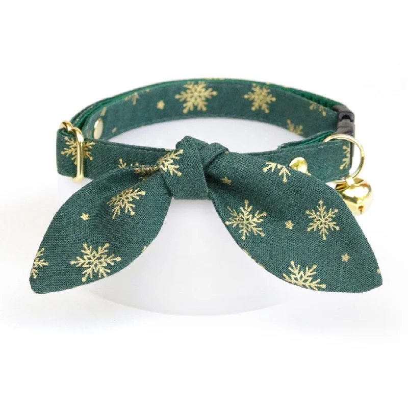 Cat Collar and Bunny Ear Bow Set - "Juniper" - Green & Gold Snowflake Cat Collar w/ Matching Bunny Bow Tie / Christmas, Holiday / Cat, Kitten + Small Dog Sizes