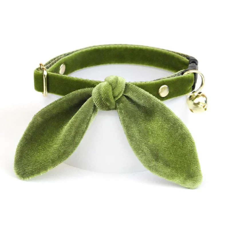 Cat Collar and Bunny Ear Bow Set - "Velvet - Leaf Green" - Chartreuse Green Velvet Cat Collar w/ Matching Bunny Bow Tie / Fall, Holiday, Wedding + Birthday / Cat, Kitten + Small Dog Sizes