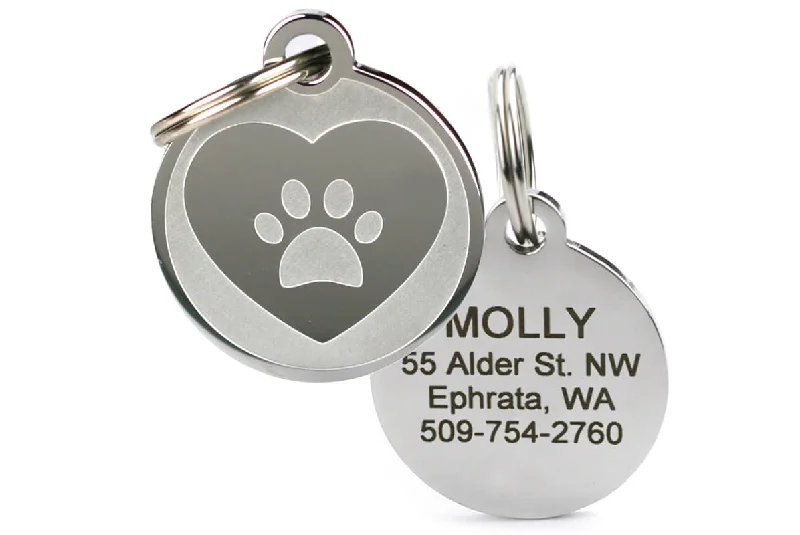 Heart with Paw Print Pet ID Tag in Stainless Steel