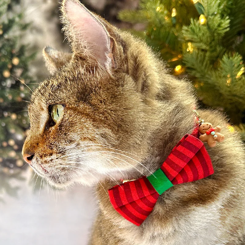 Bow Tie Cat Collar Set - "Festive Cranberry" - Red Candy Striped Christmas Cat Collar with Bow Tie / Holiday / Cat, Kitten, Small Dog Sizes