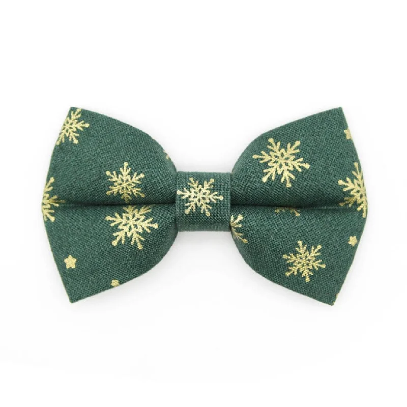 Holiday Cat Bow Tie - "Juniper" - Christmas Green & Gold Snowflake Bow Tie for Cat / Winter Snow / Cat + Small Dog Bowtie