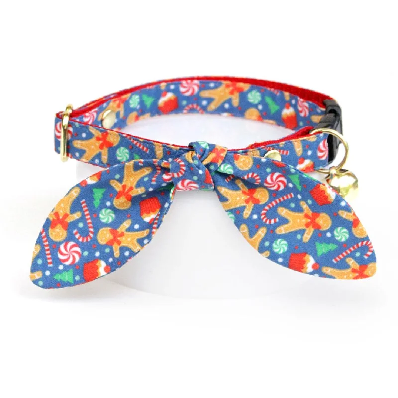 Cat Collar and Bunny Ear Bow Set - "Christmas Treats - Blue" - Holiday Gingerbread Cat Collar w/ Matching Bunny Bow Tie / Cat, Kitten + Small Dog Sizes