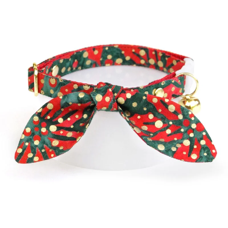 Cat Collar and Bunny Ear Bow Set - "Joy" - Gold Metallic Dots on Green & Red Holiday Cat Collar w/ Matching Bunny Bow Tie / Christmas / Cat, Kitten + Small Dog Sizes