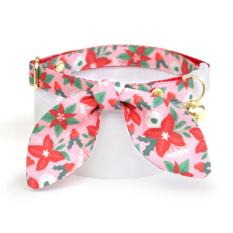 Cat Collar and Bunny Ear Bow Set - "Winter Blooms - Pink" - Holiday Floral Poinsettia Cat Collar w/ Matching Bunny Bow Tie / Christmas / Cat, Kitten + Small Dog Sizes