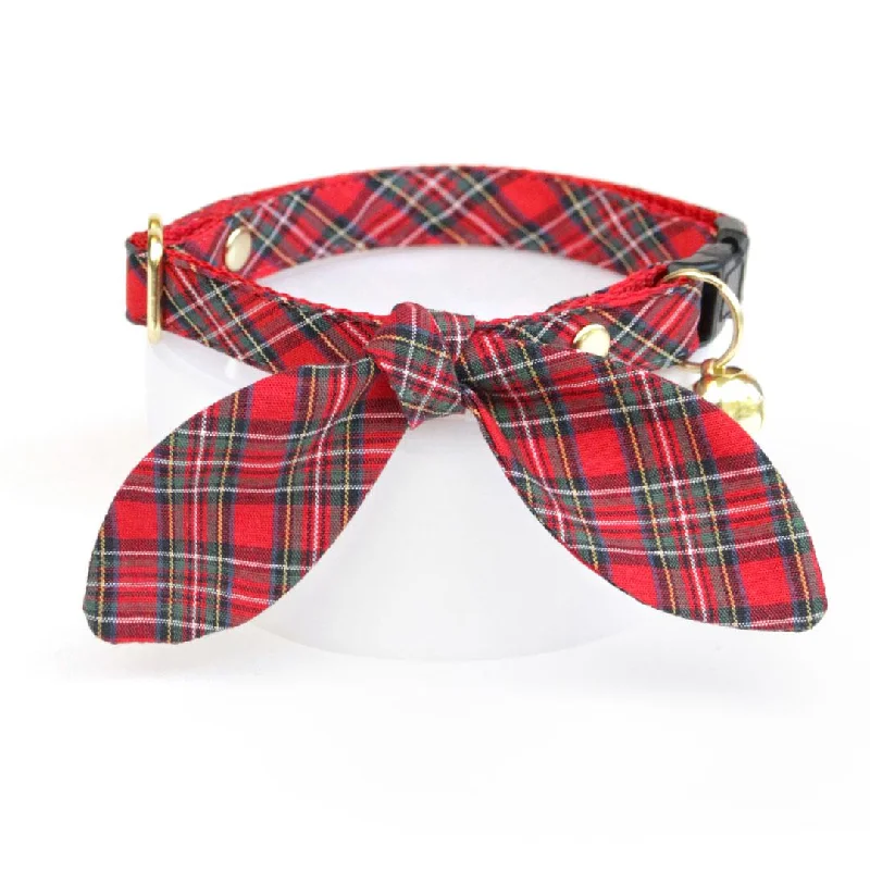 Cat Collar and Bunny Ear Bow Set - "Hearthside" - Red Tartan Holiday Plaid Cat Collar w/ Matching Bunny Bow Tie / Christmas / Cat, Kitten + Small Dog Sizes