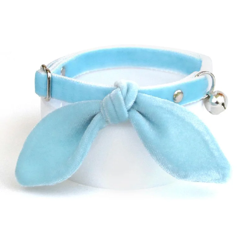 Cat Collar and Bunny Ear Bow Set - "Velvet - Frosty Blue" - Light Blue Velvet Cat Collar w/ Matching Bunny Bow Tie / Wedding + Birthday / Cat, Kitten + Small Dog Sizes