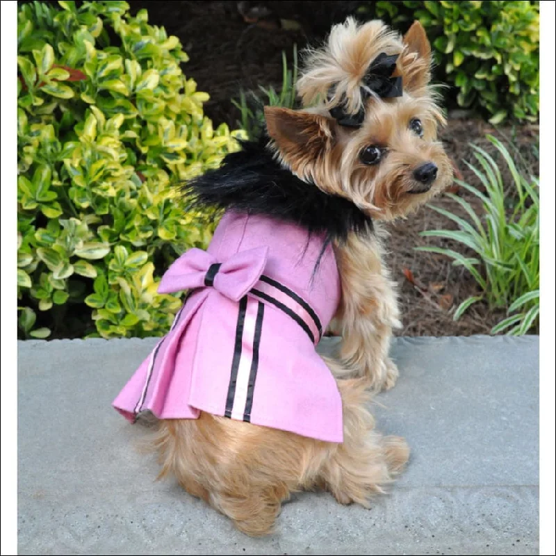 NEW-Doggie Design Designer Pink Wool Blend Classic Dog Coat Harness and Fur Collar with Matching Leash