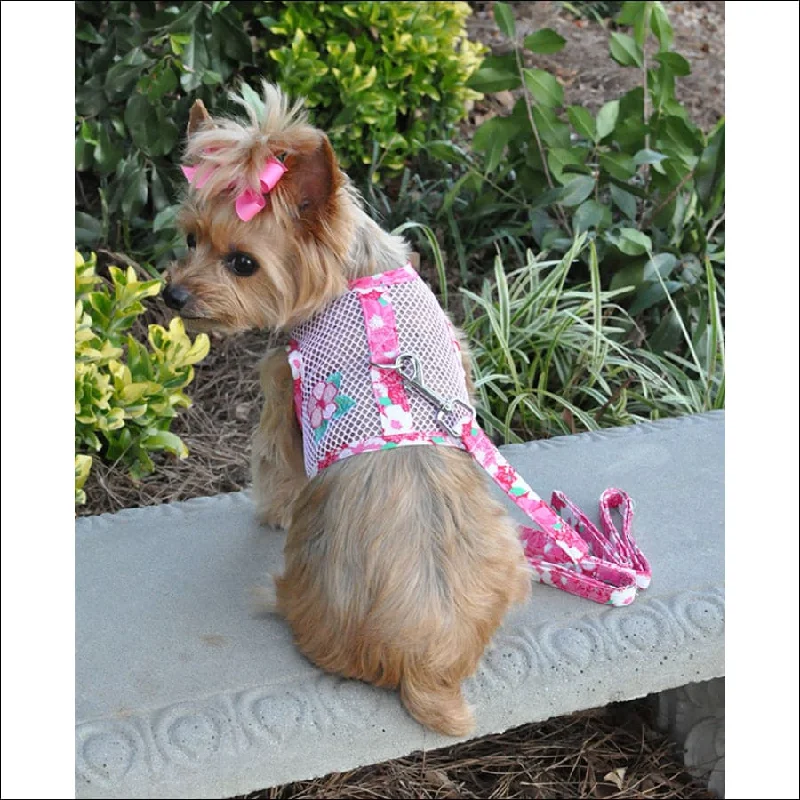 NEW-Doggie Design Pink & Green Hibiscus Flower Cool Mesh Harness w/ Leash & D-Ring