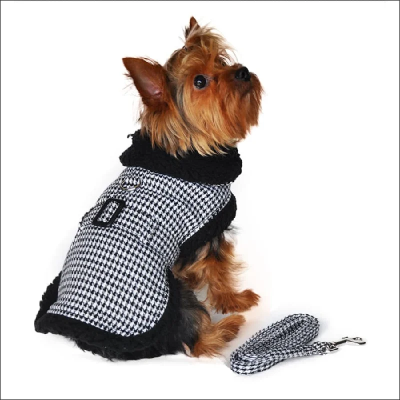 NEW-Doggie Design Sherpa Lined Dog Harness Coat - Black and White Houndstooth with Matching Leash