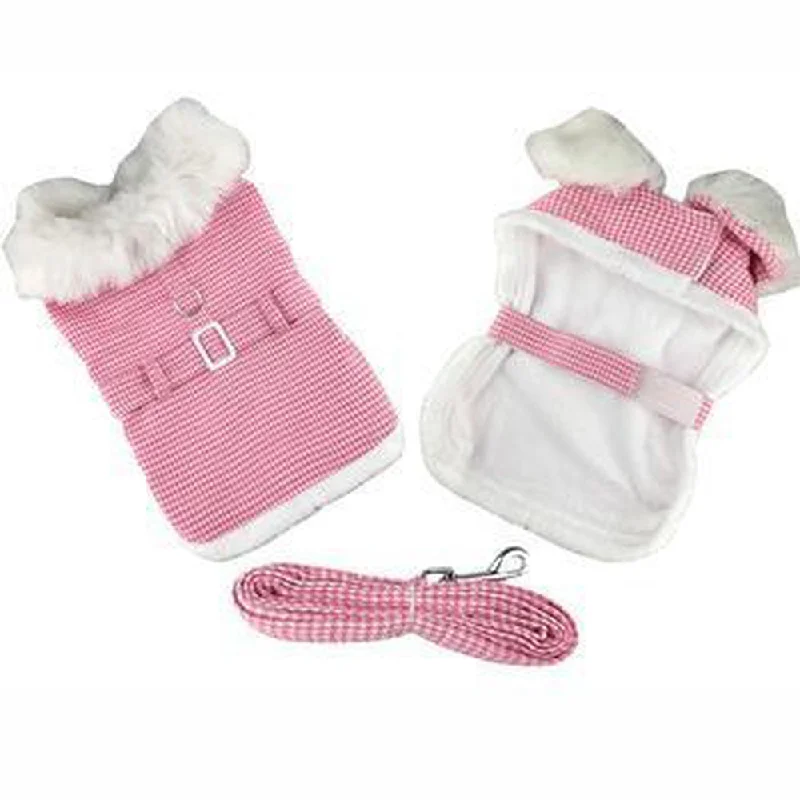 Pink Houndstooth and White Fur Collar Harness Coat