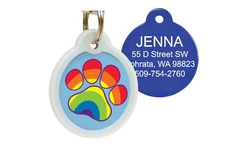 Rainbow Paw Print Pet ID Tag with Tag Silencer