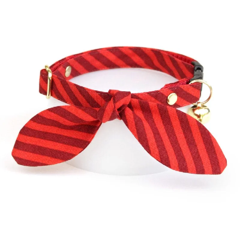 Cat Collar and Bunny Ear Bow Set - "Festive Cranberry" - Candy Striped Red Cat Collar w/ Matching Bunny Bow Tie / Christmas, Holiday, Valentine's Day / Cat, Kitten + Small Dog Sizes