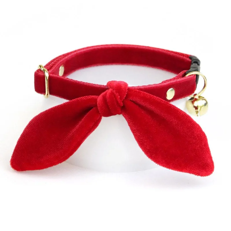 Cat Collar and Bunny Ear Bow Set - "Velvet - Garnet Red" - Red Velvet Cat Collar w/ Matching Bunny Bow Tie / Christmas, Holiday, Wedding + Birthday / Cat, Kitten + Small Dog Sizes