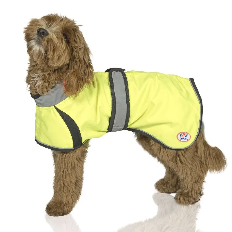 Derby Originals Light Up LED Waterproof Safety Yellow Dog Jacket with Reflective Trim, Belt, & Harness Compatible Opening