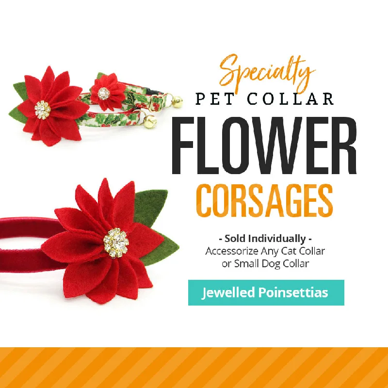 Specialty Pet Flower Corsages - Sold Individually / Poinsettia Collar Flower for Cats + Small Dogs / Colors for Halloween, Thanksgiving & Christmas