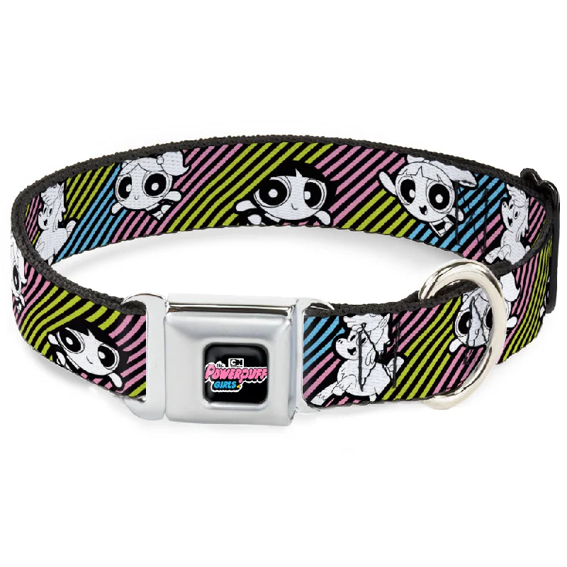 THE POWERPUFF GIRLS Animated Series Title Logo Full Color Black Seatbelt Buckle Collar - The Powerpuff Girls and Donny Stripe Black/Multi Pastel