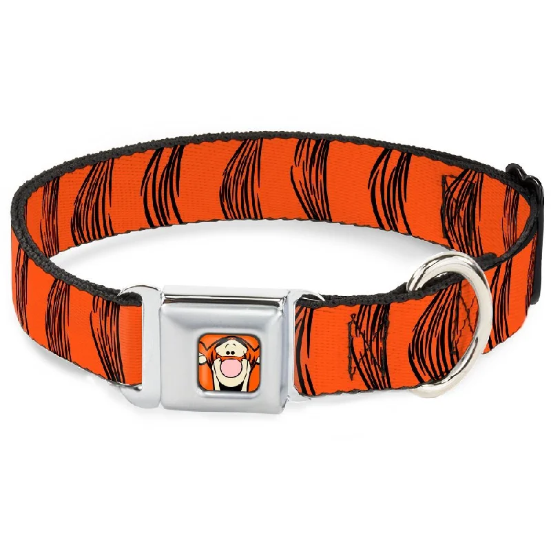 Tigger Face CLOSE-UP Full Color Orange Seatbelt Buckle Collar - Tigger Stripes Orange/Black