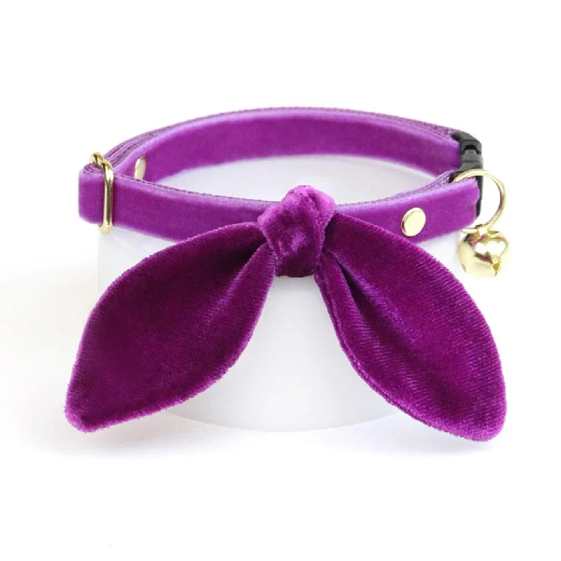 Cat Collar and Bunny Ear Bow Set - "Velvet - Orchid" -  Vibrant Purple Velvet Cat Collar w/ Matching Bunny Bow Tie / Wedding + Birthday / Cat, Kitten + Small Dog Sizes