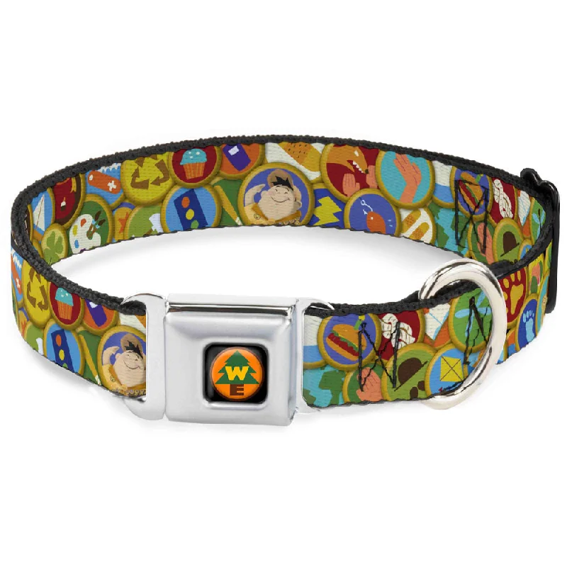 WE Wilderness Explorers Badge Full Color Black Seatbelt Buckle Collar - Stacked Wilderness Explorers Badges