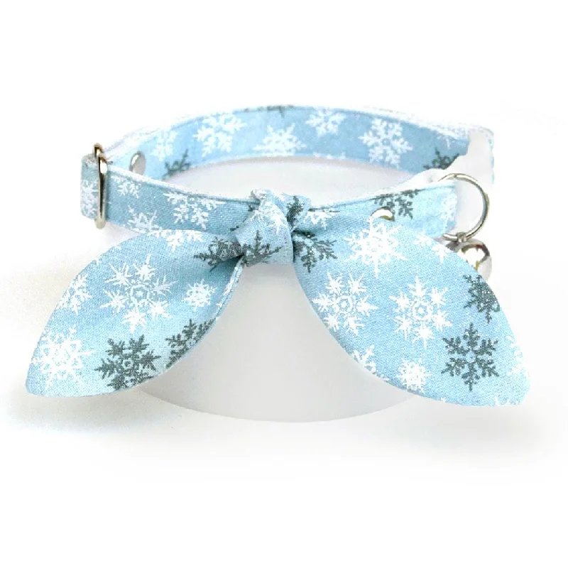 Cat Collar and Bunny Ear Bow Set - "Snowflakes - Frosty Blue" - Light Blue Snow Winter Cat Collar w/ Matching Bunny Bow Tie / Christmas, Holiday / Cat, Kitten + Small Dog Sizes