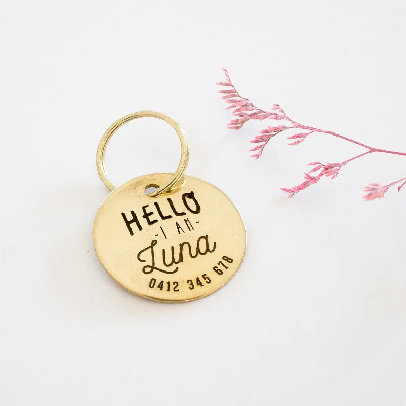 Personalised Brass 'Hello' Design Animal ID Tag